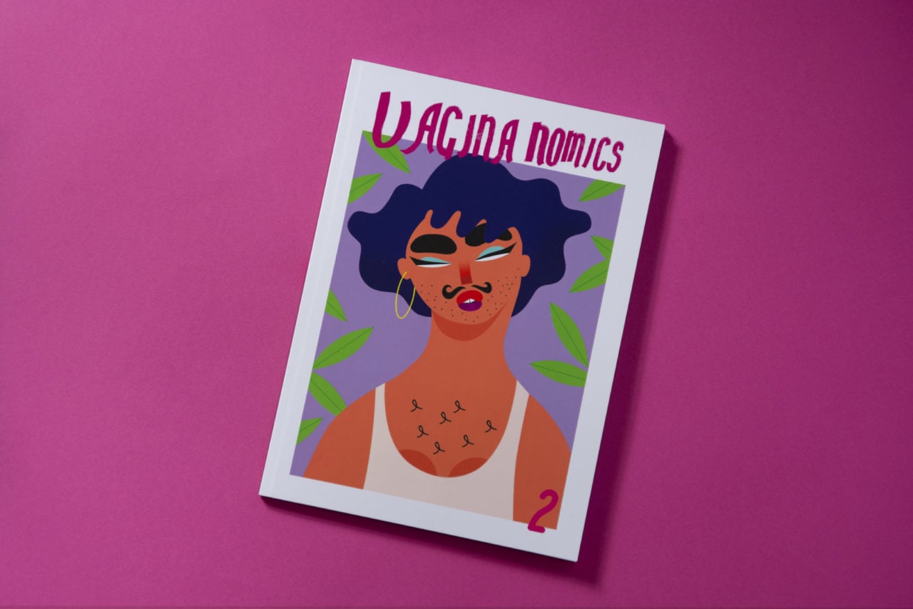 Second issue of Vagina-nomics, on the cover there is an illustration of a person with short hair, mustache, breast hair an earring and makeup.