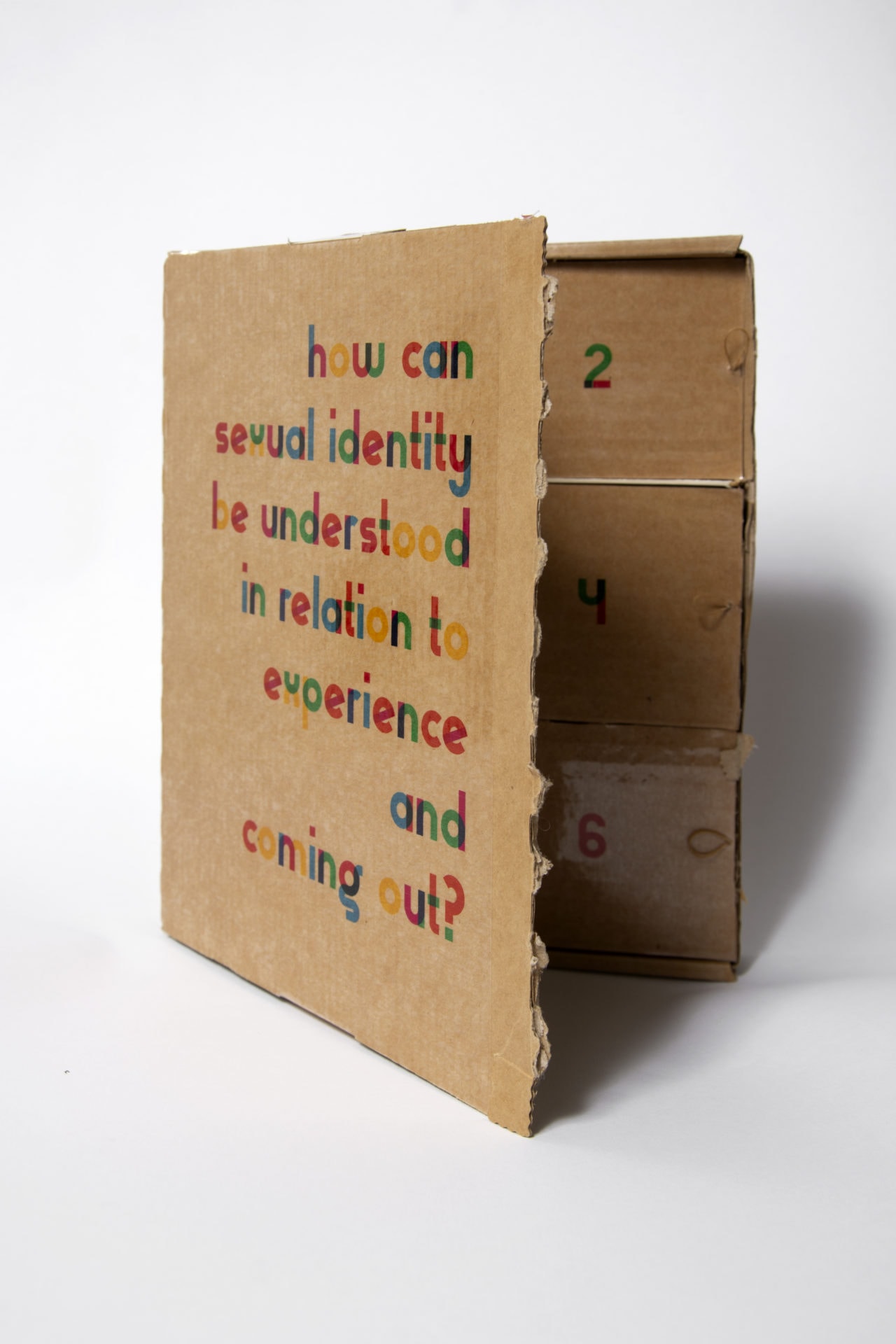 Cardboard folded like a half-open closet, it says on it 'how can sexual identity be understood in relation to experience and coming out?'.