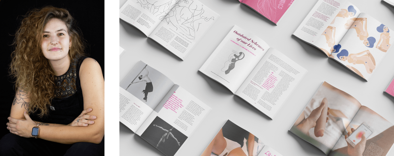 Cecilia Righini on the left and several issues of Vagina-nomics on a white background on the right.