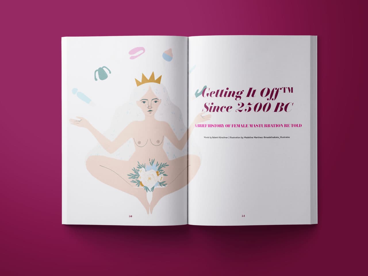 In some pages of Vagina-nomics, there is an illustration of a naked female spreading their hands and having a bouquet covering the genitalia.
