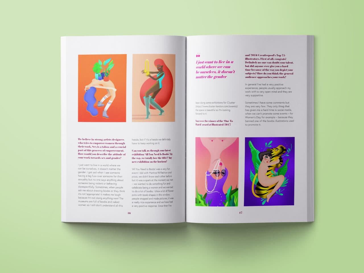 Some pages of Vagina-nomics including text about gender and four illustrations of women.