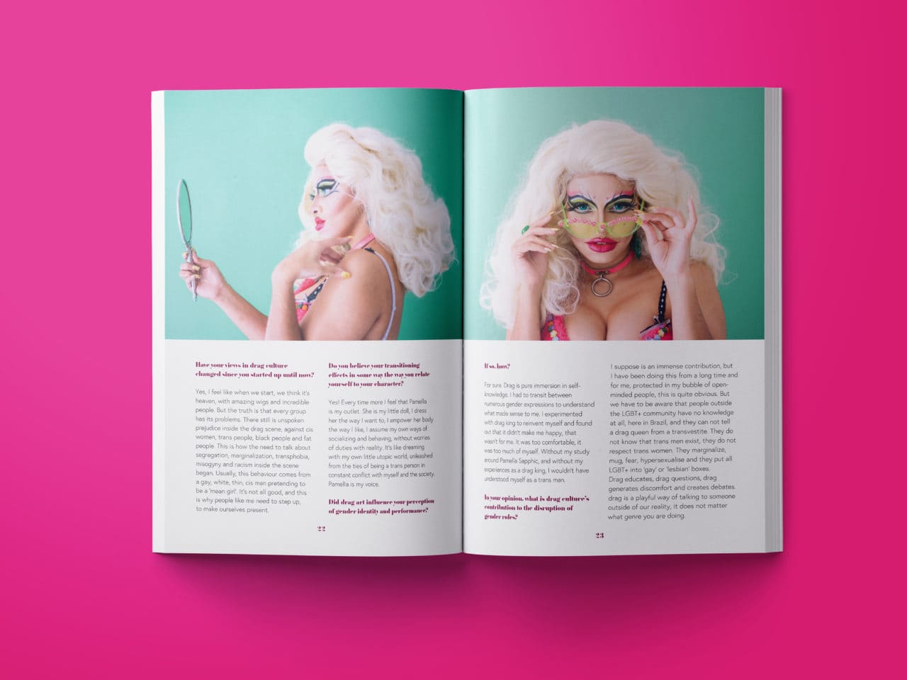 On the left page of Vagina-nomics, there is a drag queen looking in a mirror and on the right there is the same drag queen with green glasses.