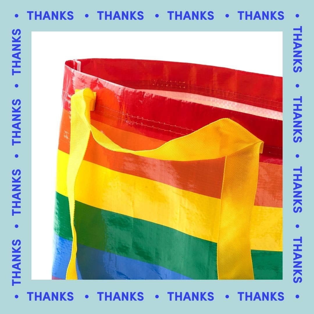 Digital content for Mosaic Trust. A picture of a shopping bag in rainbow colors and it is framed with the word 'THANKS'.