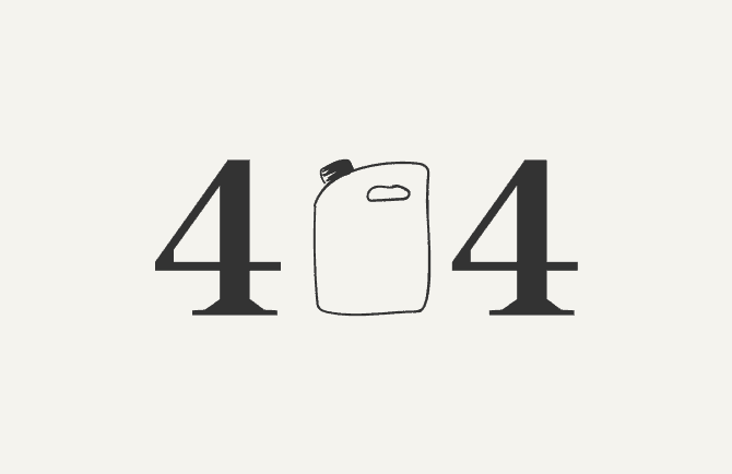 404 page symbol of the Falling in Every Direction with an illustration of empty petrol bottle in the place of 0 in 404.