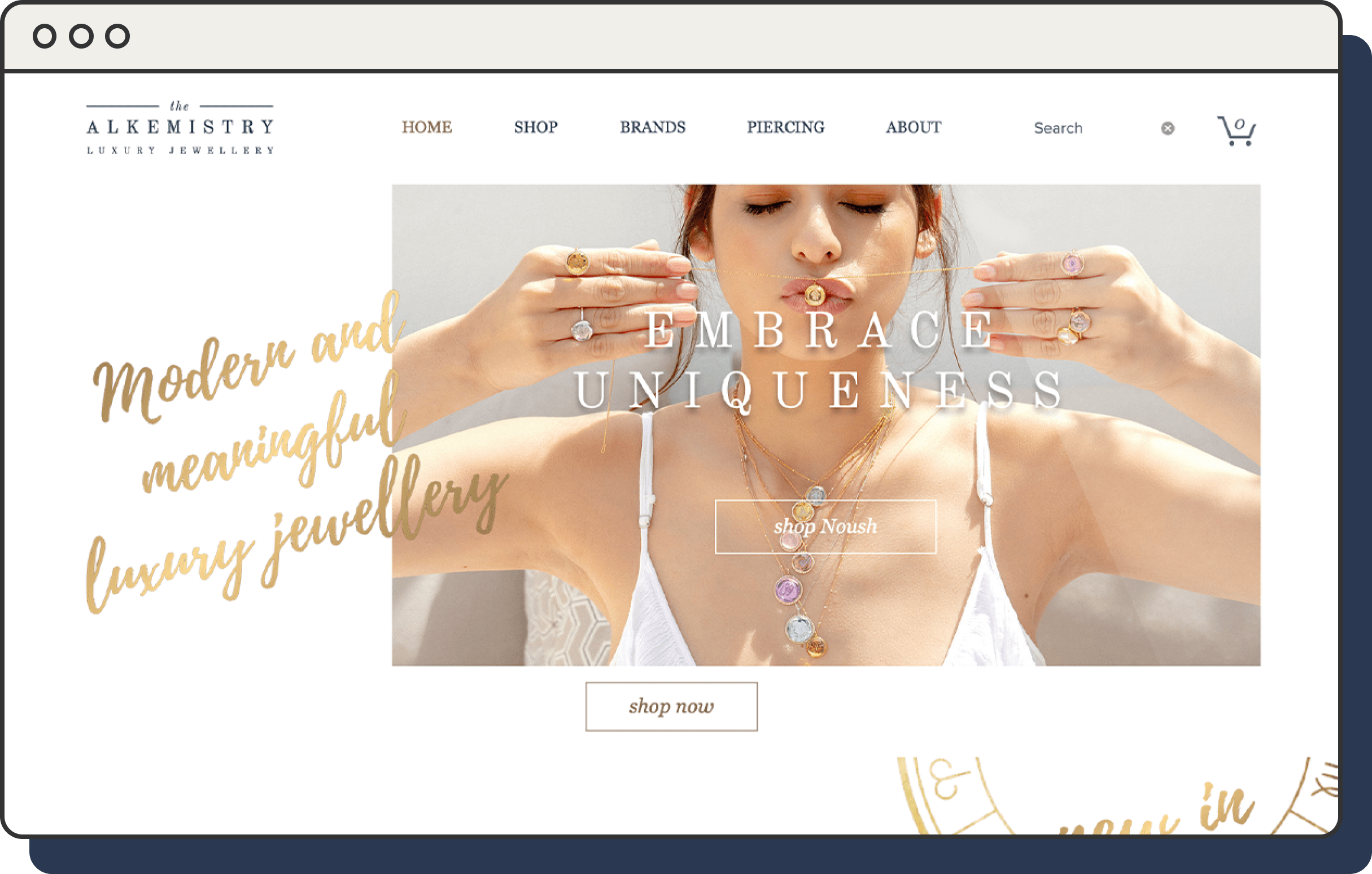 Homepage of the Alkemistry with a picture of a woman wearing golden jewels.