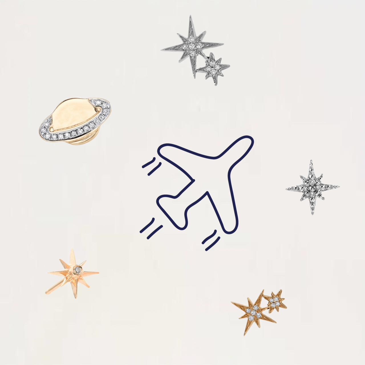 Various illustrations of astral stars with an illustration of an aeroplane.