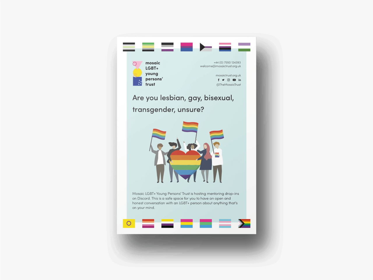 A print content for the Mosaic Trust. It has various LGBTQ+ flags bottom and top of it, illustration of people having the rainbow flag. The title is 'Are you lesbian, gay, bisexual, transgender, unsure?'.
