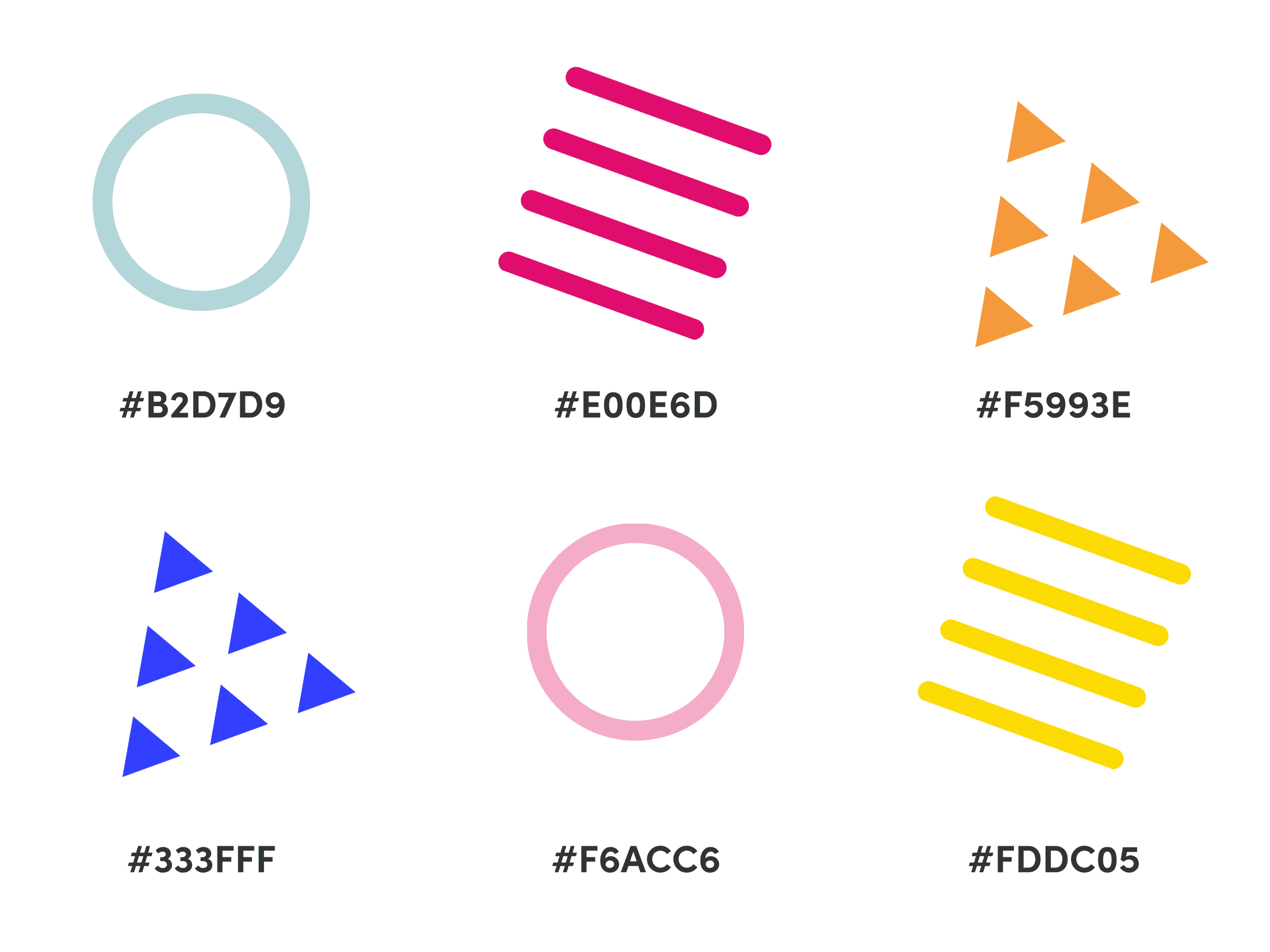Mosaic Trust' circle, square and triangle shapes in the blue, light blue, magenta, pink, orange and yellow colours with hex codes