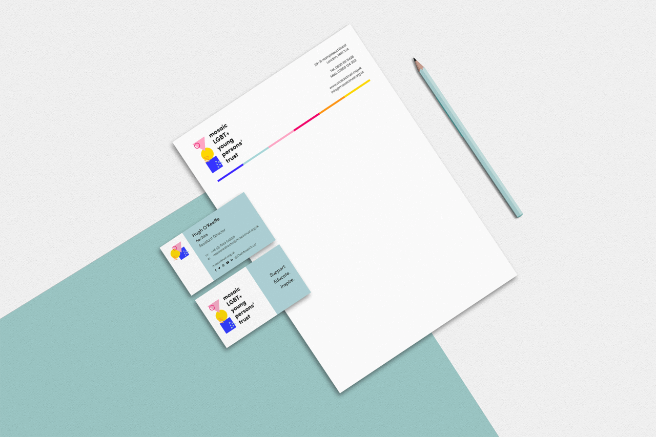 Elaborated letterhead and business cards with details of Mosaic Trust written on them.