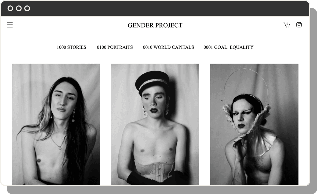 Homepage of Gender Project website showing black and white portraits of three people naked above their waists.