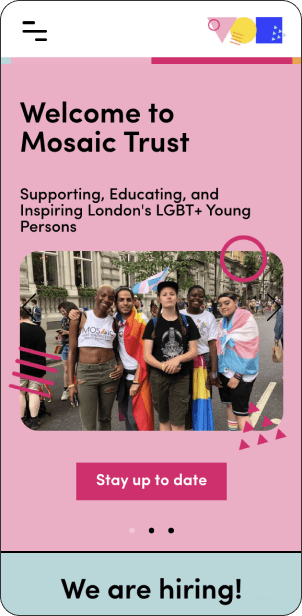 Homepage of Mosaic LGBT+ Young Persons' Trust website on mobile