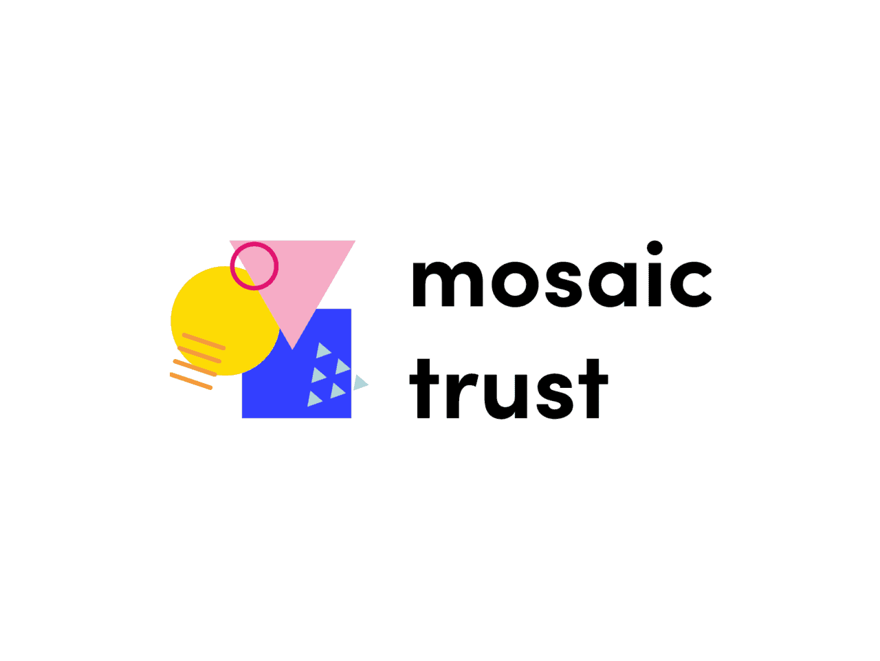 A yellow circle, a pink triangle and a blue square and on the right side of them Mosaic Trust is written in black, the word "trust" is on the bottom line.