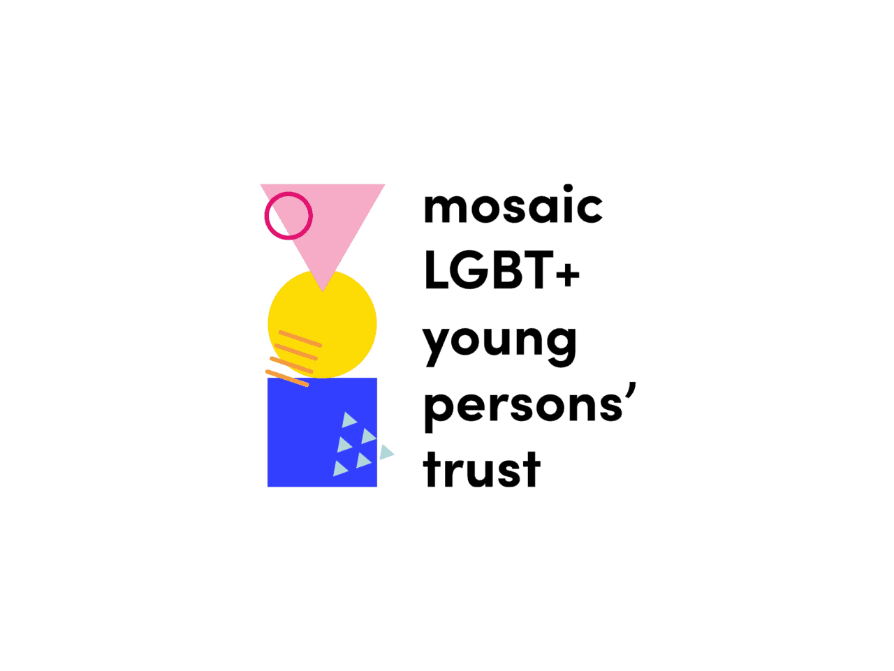 Pink triangle at the top, yellow circle under it and blue square at the bottom with Mosaic LGBT+ Young Person's Trust written next to them.