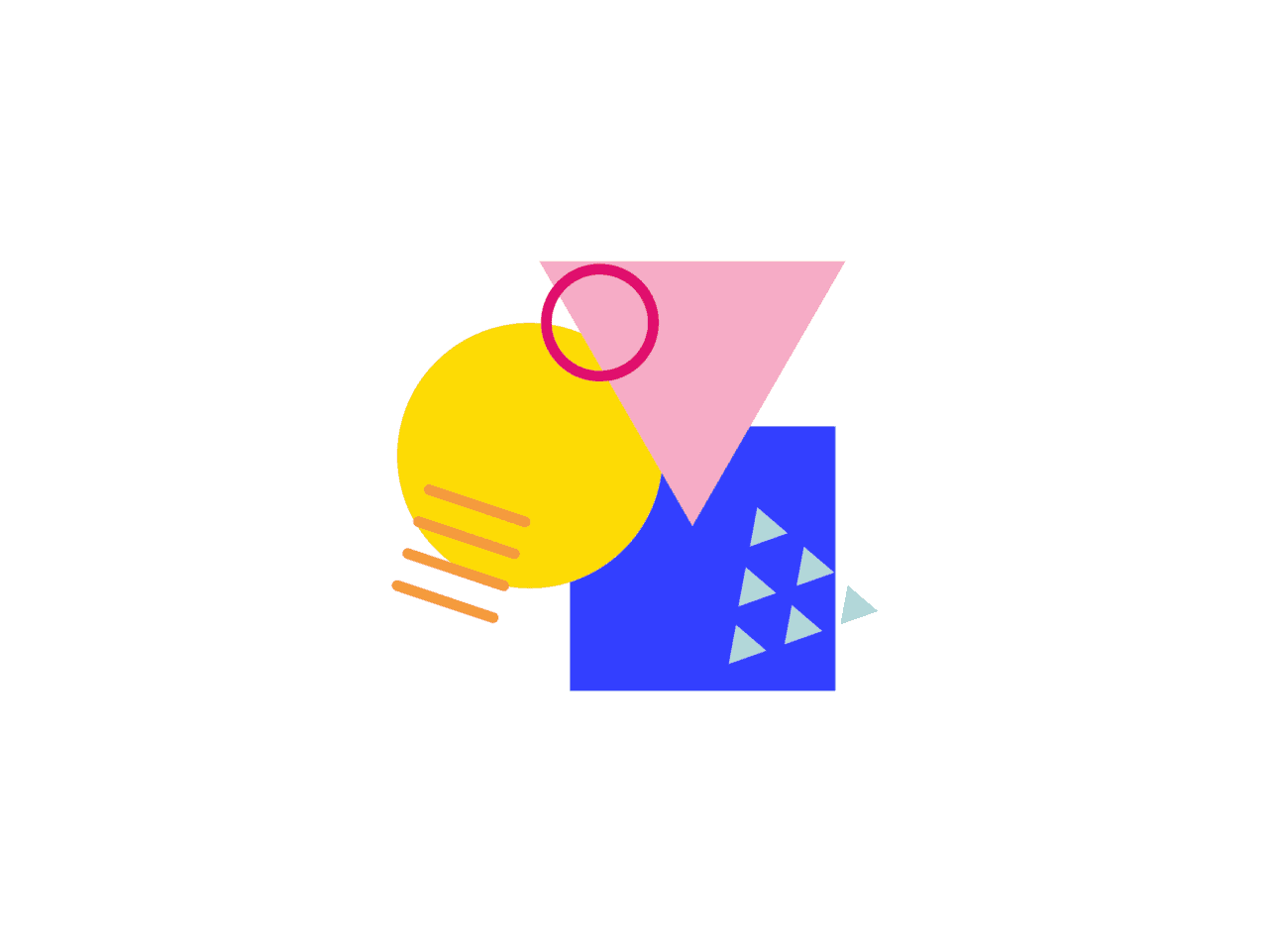 New logo of pink triangle, yellow circle and blue square close to each other.