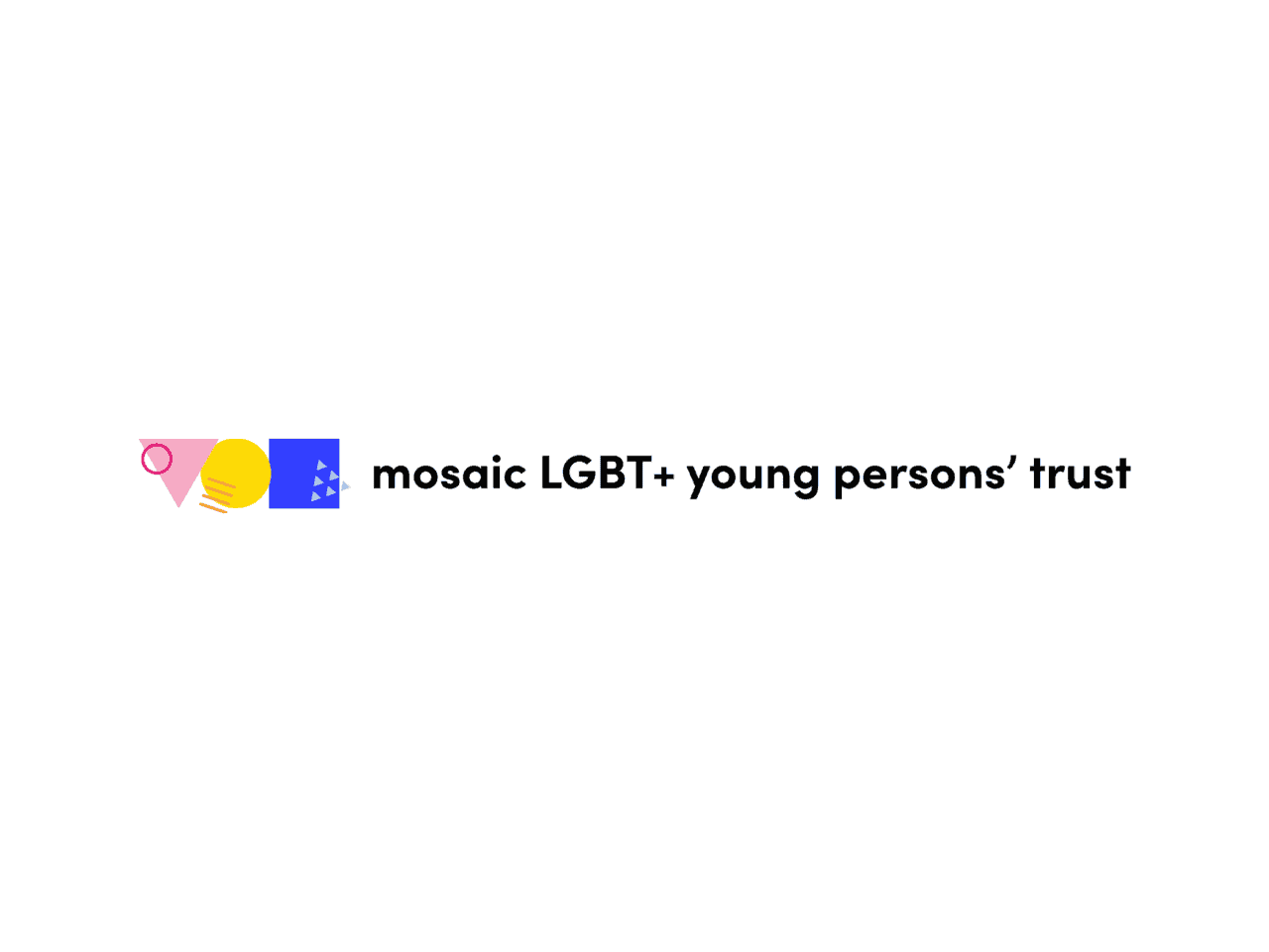 Pink triangle, yellow circle, blue square with the text Mosaic LGBT+ Young Persons' Trust, all of them next to each other.