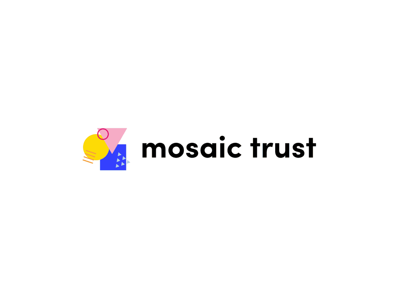 A yellow circle, a pink triangle and a blue square and Mosaic Trust is written in black on the right side of them.
