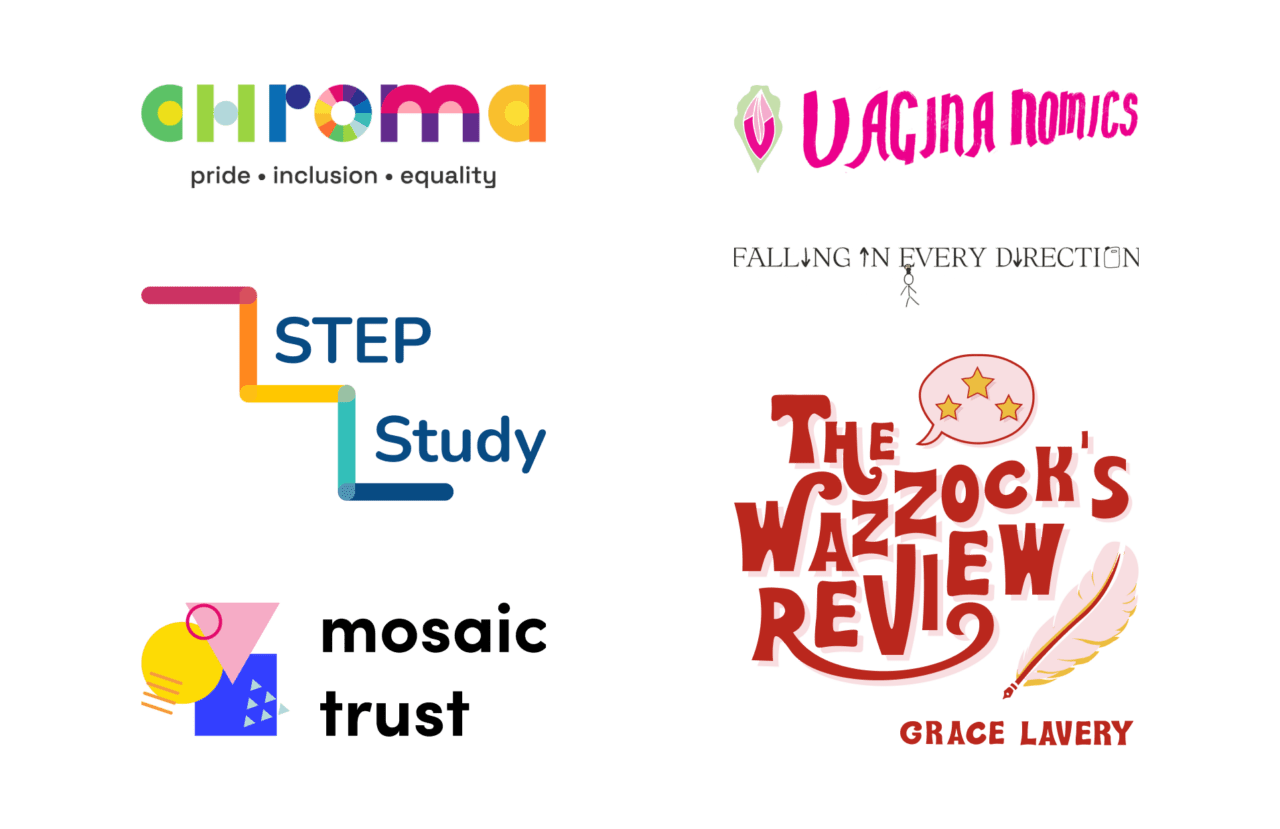 Logo designs done by Studio Lutalica for Chroma, Step Study, Mosaic Trust, Vaginanomics, Falling in Every Direction and The Wazzock's Review.