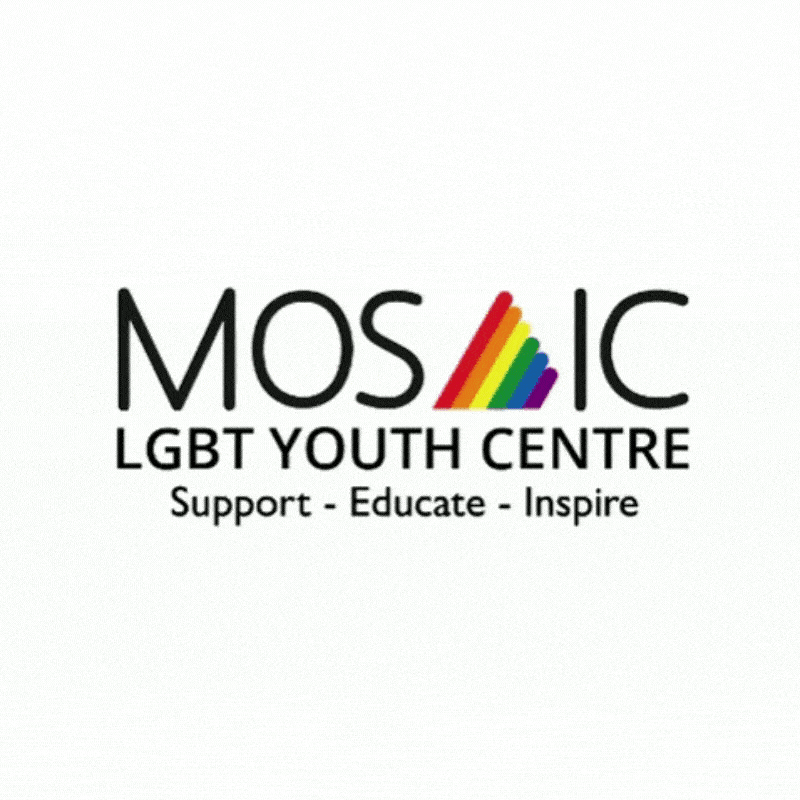 The old logo of Mosaic Trust, Mosaic is written big on the top with the letter a comprised of a rainbow and LGBT Youth Center is written under it.