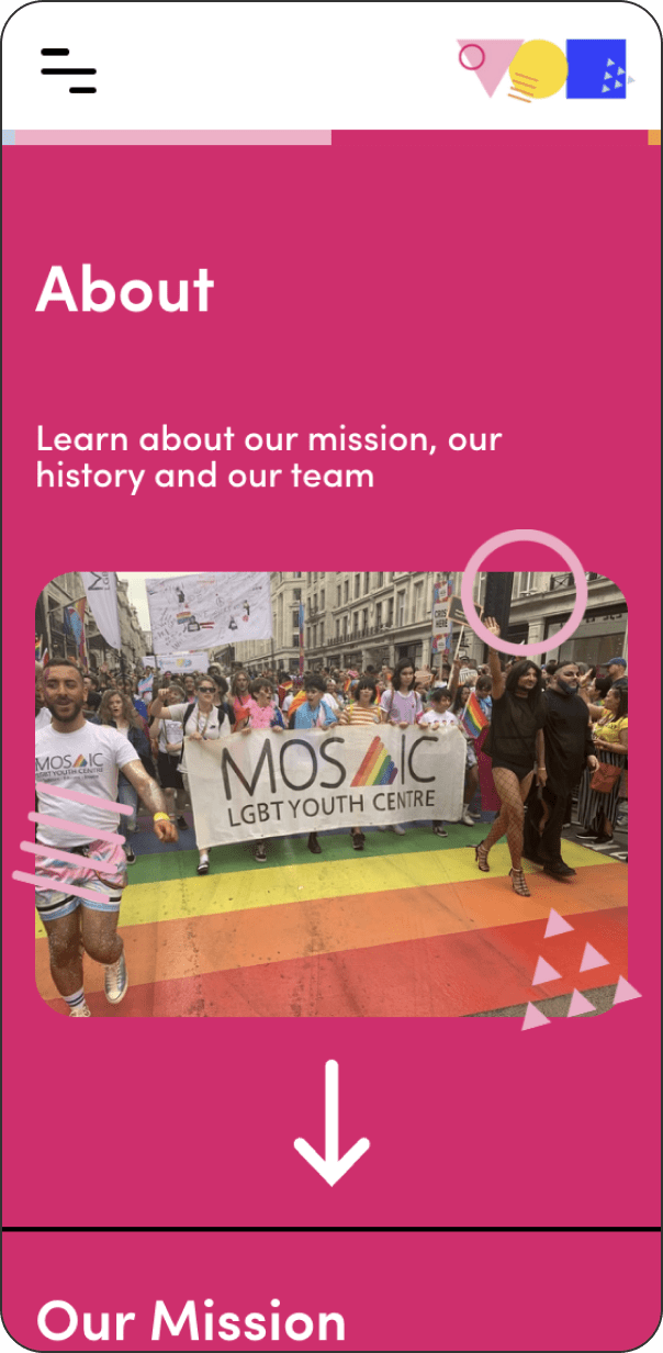 About page of Mosaic LGBT+ Young Persons' Trust website on mobile