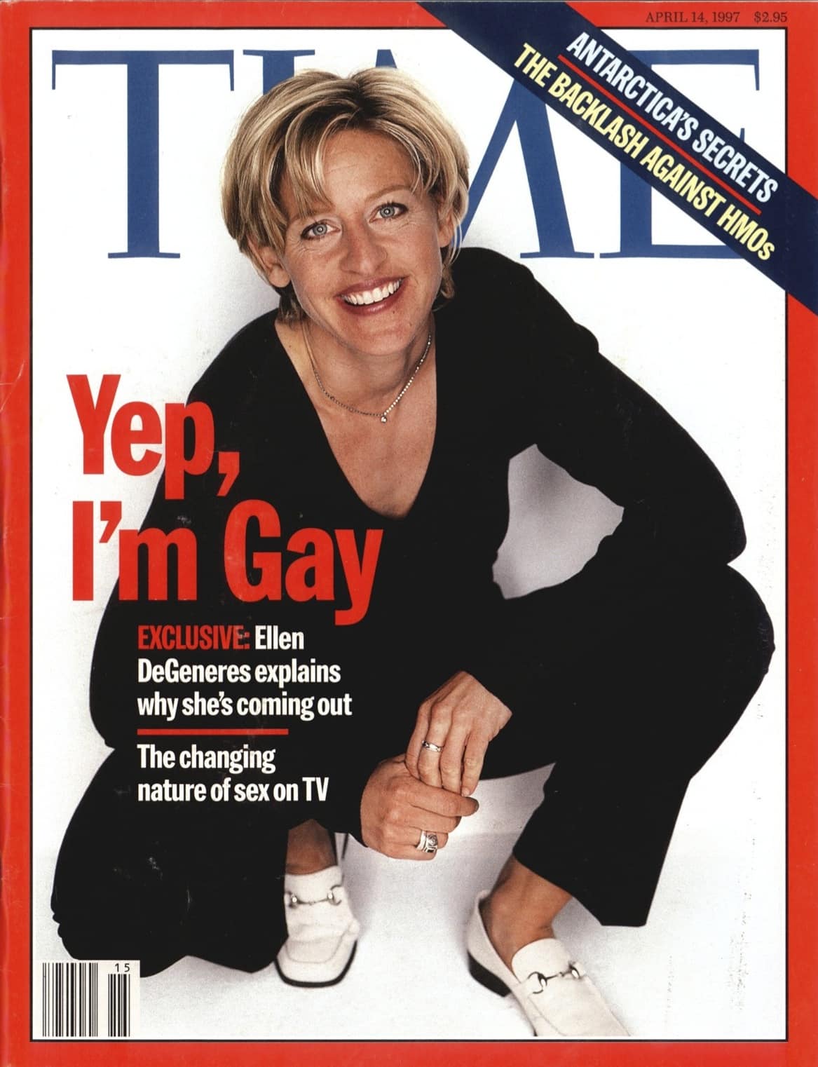 The cover of TIME magazine with a picture of Ellen DeGeneres and a headline of 'Yep, I'm Gay'.