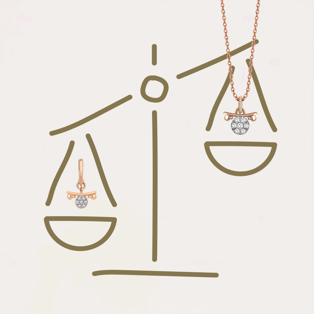 Libra zodiac sign illustration with scale and golden jewelry on each of its trays.