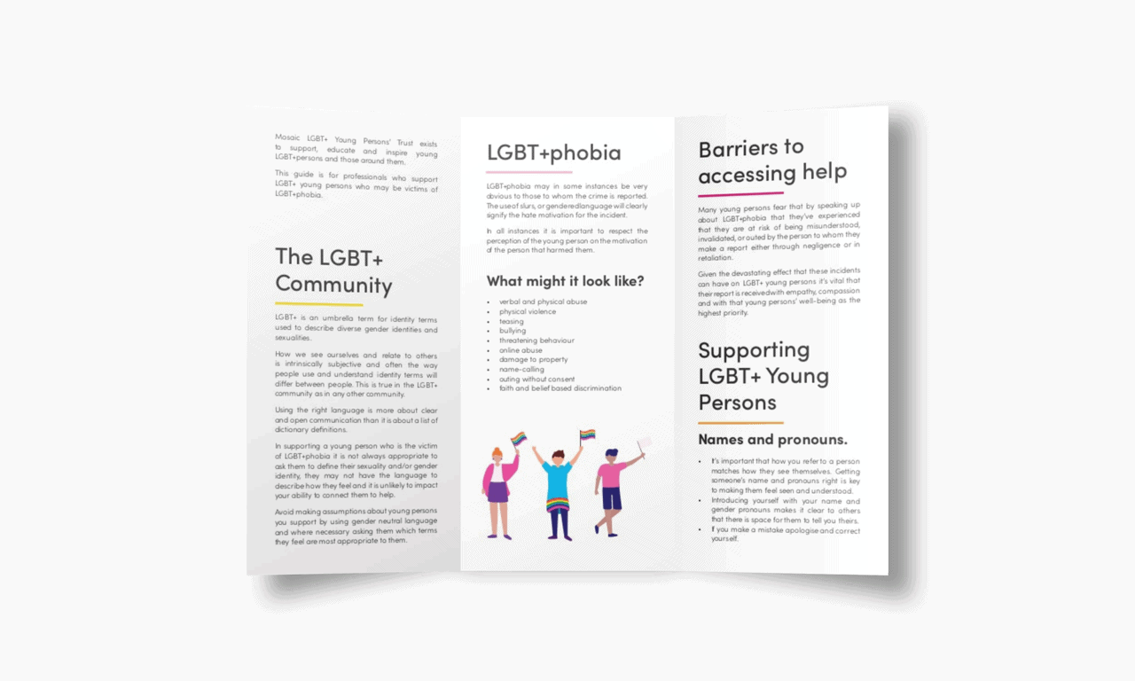 Tri-fold leaflets of the Mosaic Trust. It contains titles 'The LGBT+ Community, LGBT+ Phobia, Barriers to accessing help, Supporting LGBT+ Young Persons'.