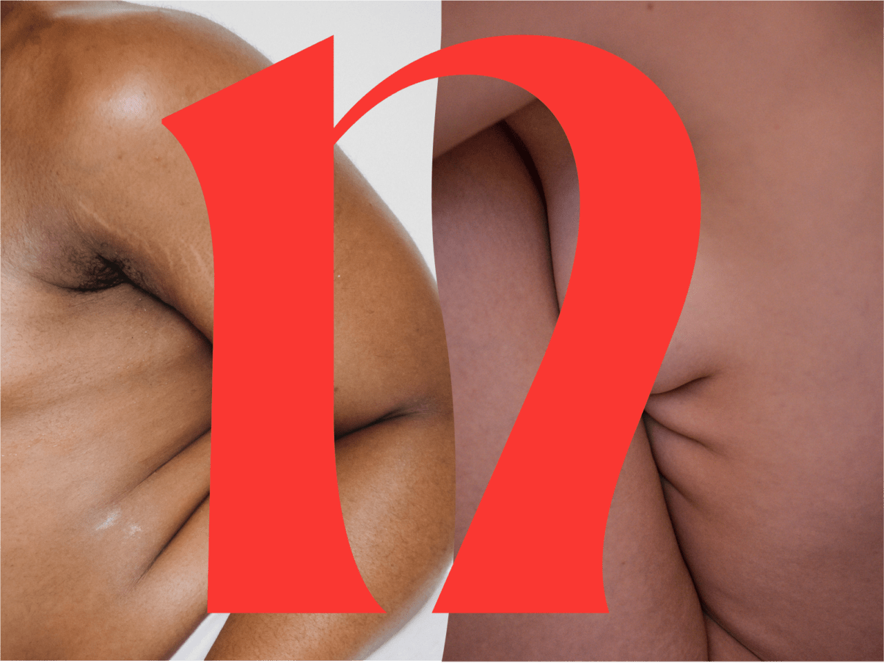 Two images of nude people curled up in the foetal position. The letter 'n' is pasted over them.