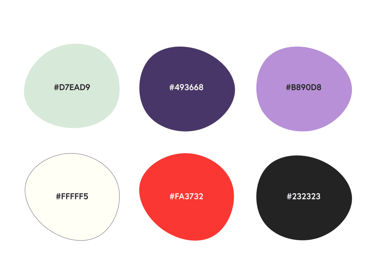 Colour palette for LVNDR: pale sage, mauve, lavender, cream, red, black.