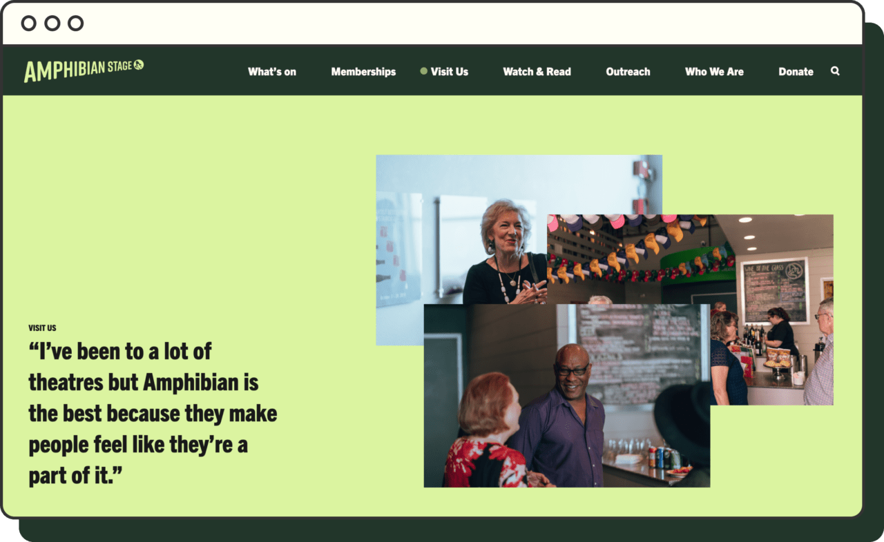 Screenshot of Amphibian Stage website in a branded Lutalica illustrated browser frame