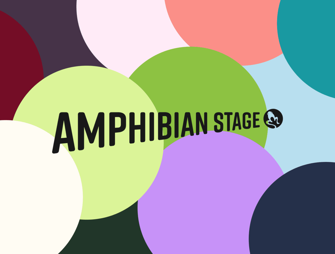 Black Amphibian Stage logo on a background made of circles in the colours of the brand palette