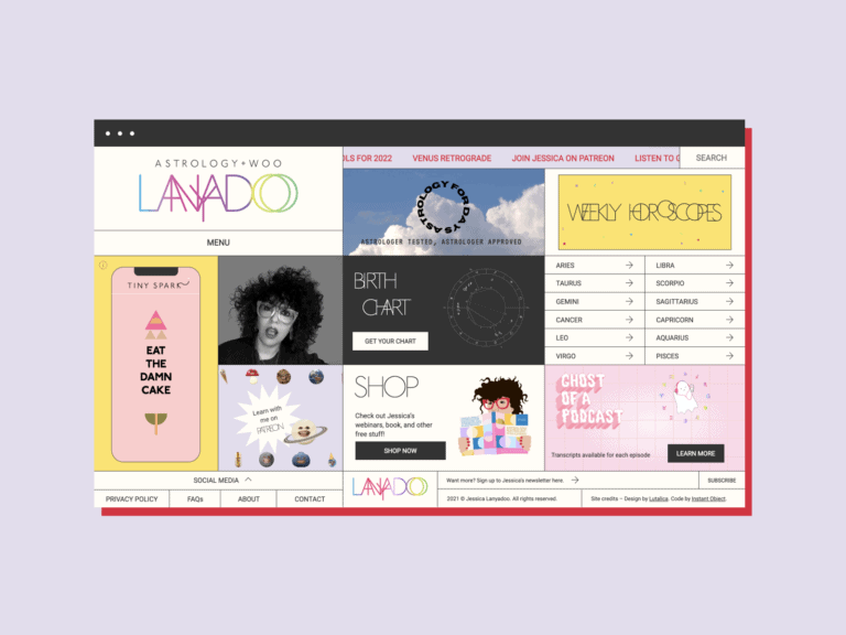 Screenshot of Jessica Lanyadoo's website in a branded Lutalica illustrated browser frame