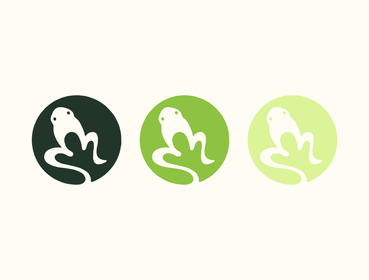 three logo icons for Amphibian Stage, a stylised illustration of a frog within a circle, in three shades of green