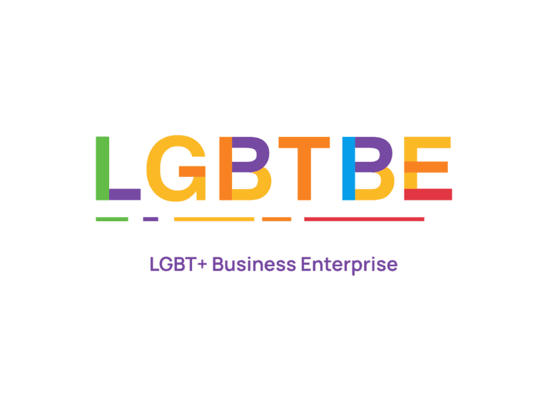 Underlined multicoloured text reads 'LGBTBE'. Underneath is purple text reading 'LGBT+ Business Enterprise'