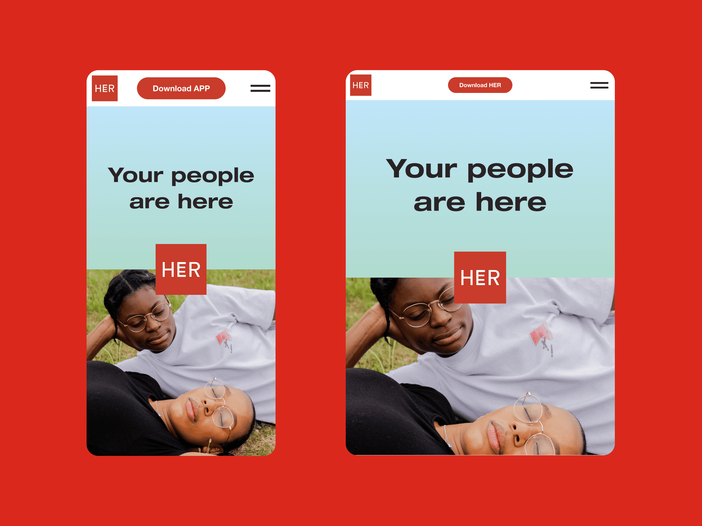 Hero section of the homepage of HER dating app website on mobile (left) and tablet (right).