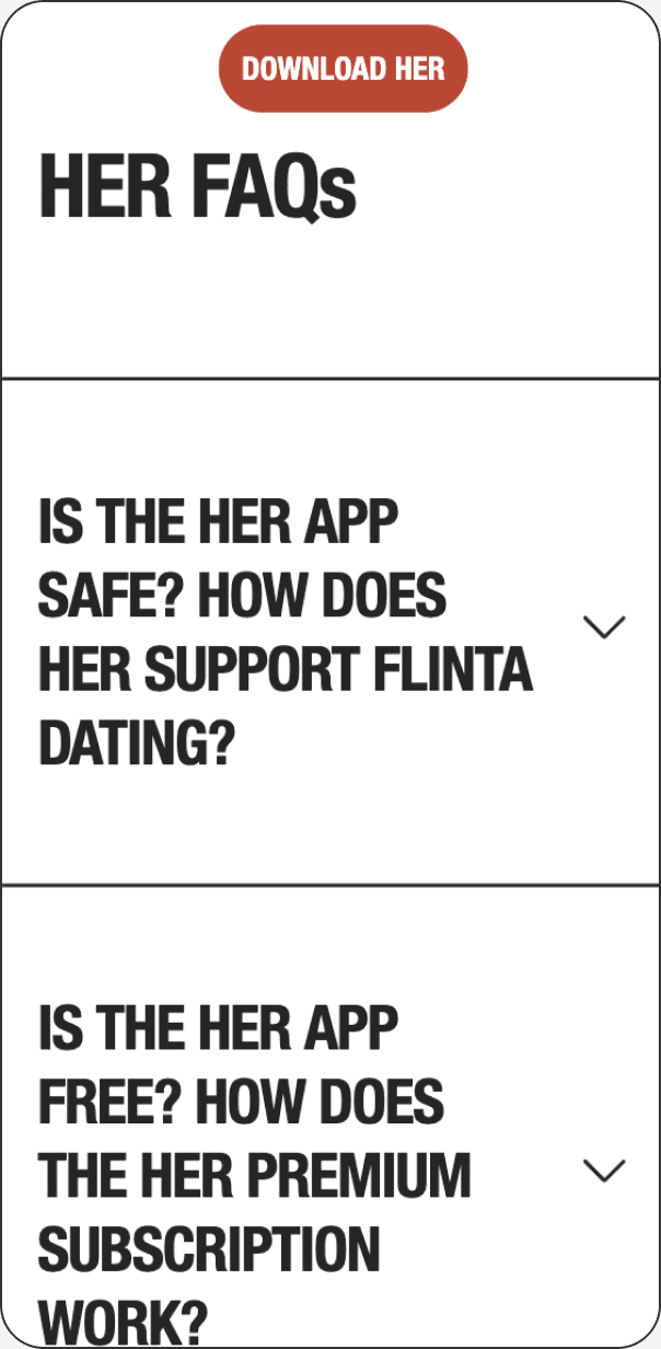 Accordion block of HER dating app website on mobile