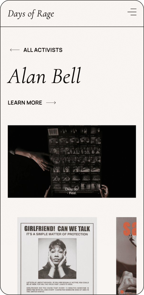 Alan Bell profile on Days of Rage online exhibition website on mobile