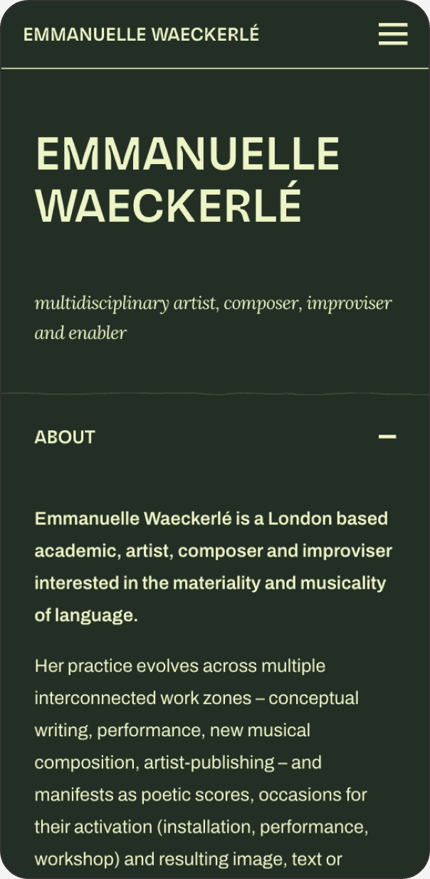 Dark mode about page of Emmanuelle Waeckerlé's website on mobile