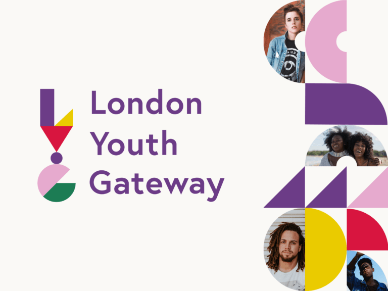 Purple text reads 'London Youth Gateway' among colourful shapes, some filled with photographs of people and others with block colours