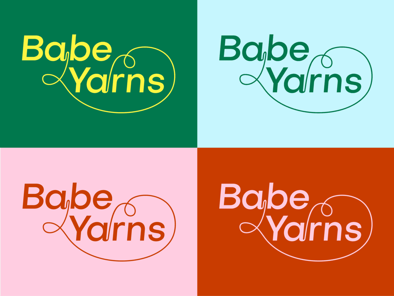 On four colourful backgrounds text reads 'Babe Yarns'. The 'a' in babe and the 'a' in 'yarns' are joined by a string of yarn that flows between the words