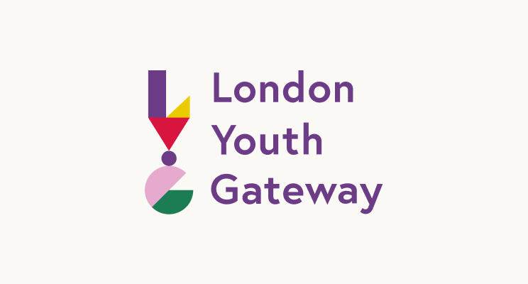 main logo for london youth gateway: the initials L,Y,G are created out of geometric coloured shapes and are positioned vertically, next to the words London Youth Gateway, in purple sans serif font on a white background