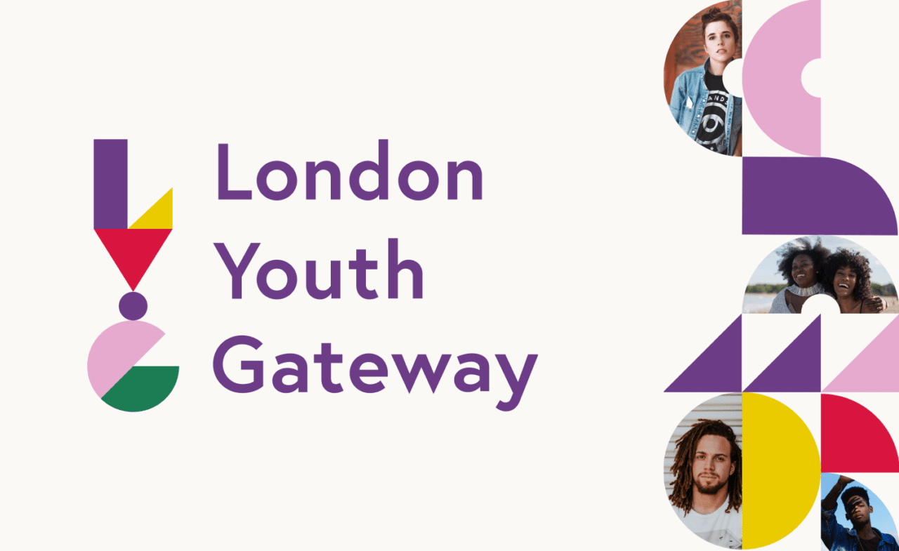 main logo for london youth gateway: the initials L,Y,G are created out of geometric coloured shapes and are positioned vertically, next to the words London Youth Gateway, in purple sans serif font on a white background with a selection of circular geometric shapes in block colours or filled in with photographs of people