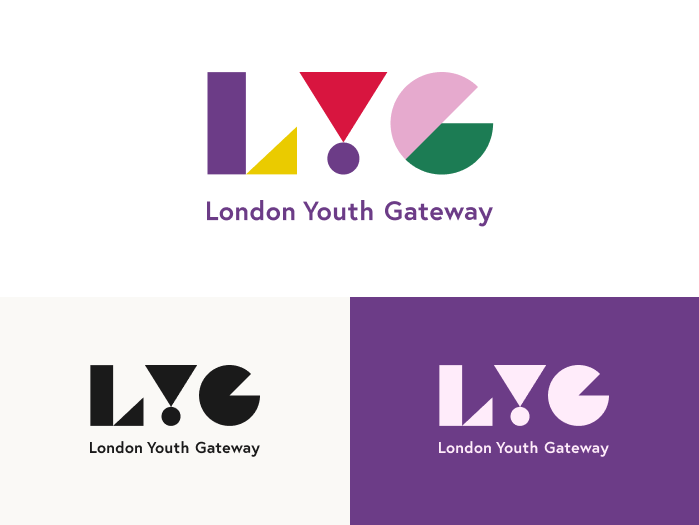 selection of 3 london youth gateway logos: initials dominate space; full title in small font across the length of L,Y,G