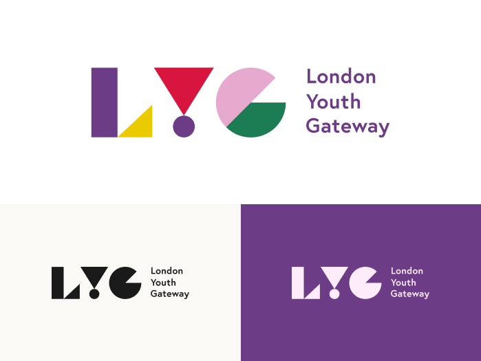selection of 3 logos in different colours: letters LYG are in big type to the left, and 'london youth gateway' is in small type to the right