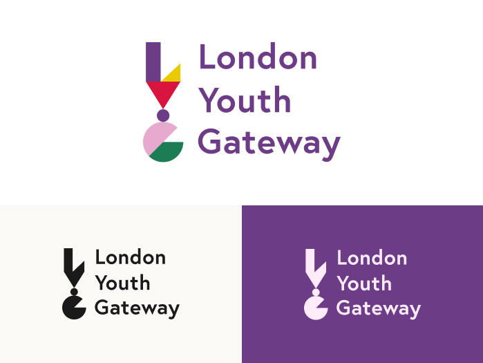 selection of 3 versions of london youth gateway logo in black and white, colour on white and white on purple