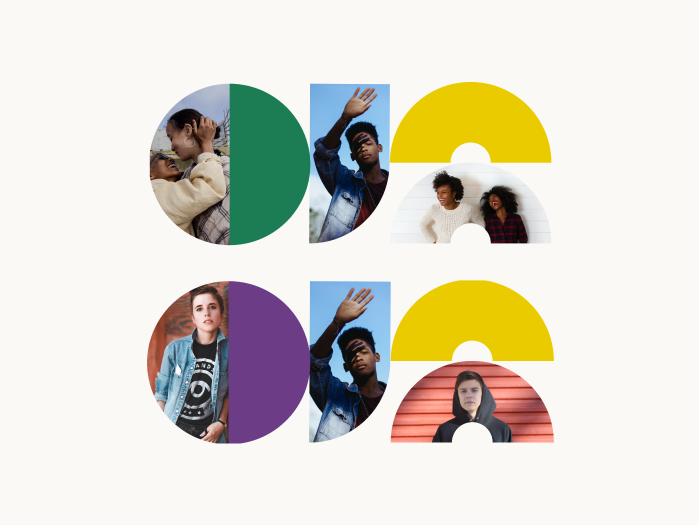 a selection of circular geometric shapes in block colours or filled in with photographs of people