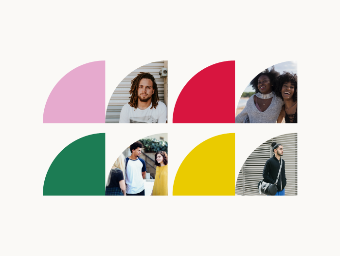 a selection of circular geometric shapes in block colours or filled in with photographs of people