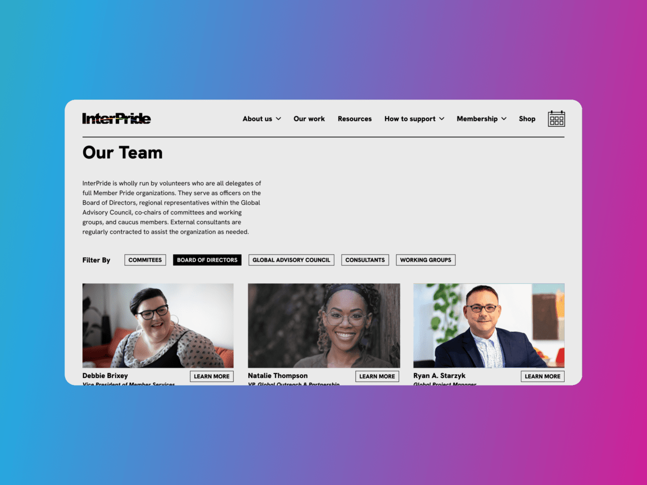 Our team page of InterPride website on desktop