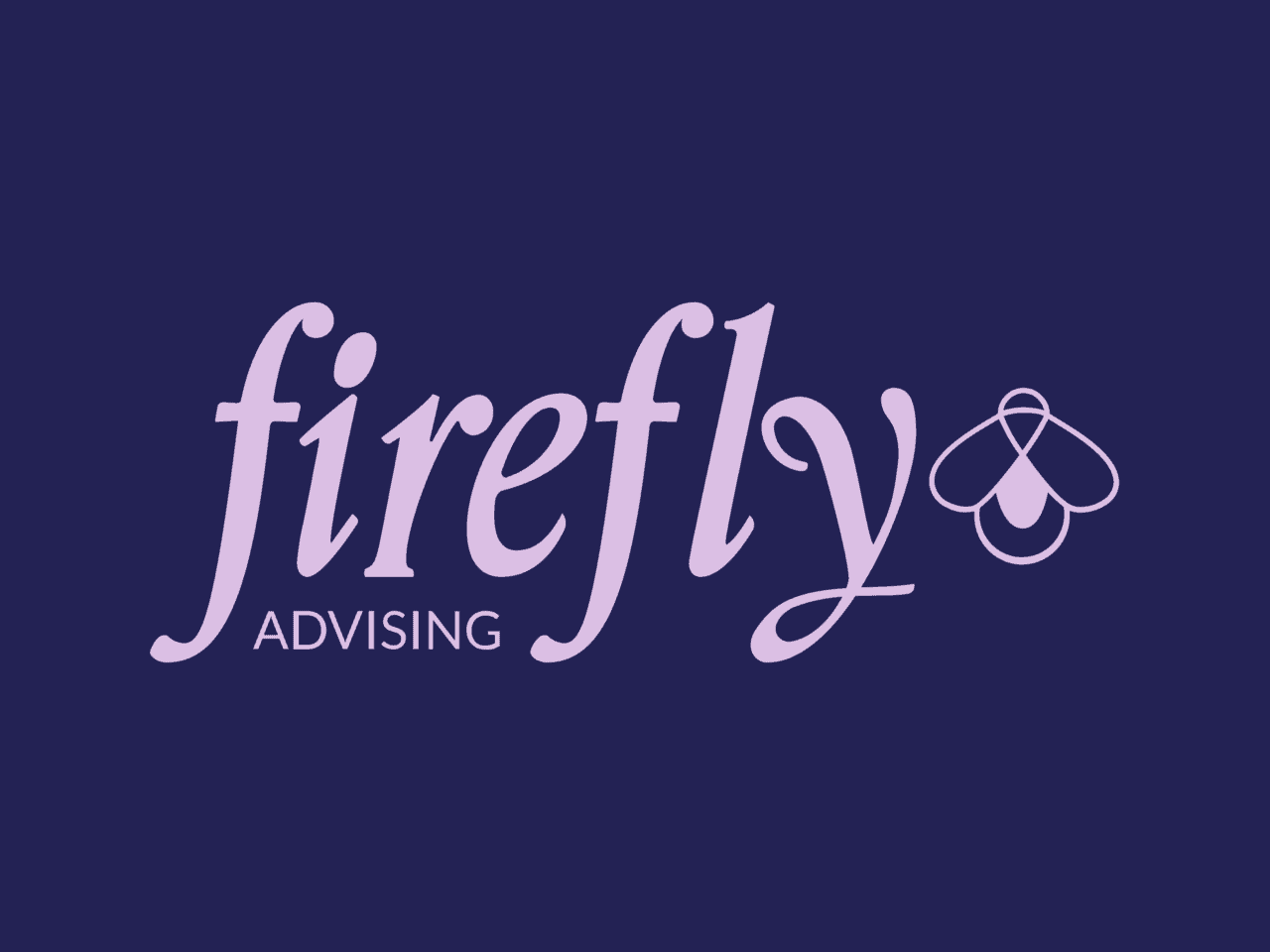 Pale purple text reads 'Firefly Advising' next to an outline of a firefly on a navy blue background