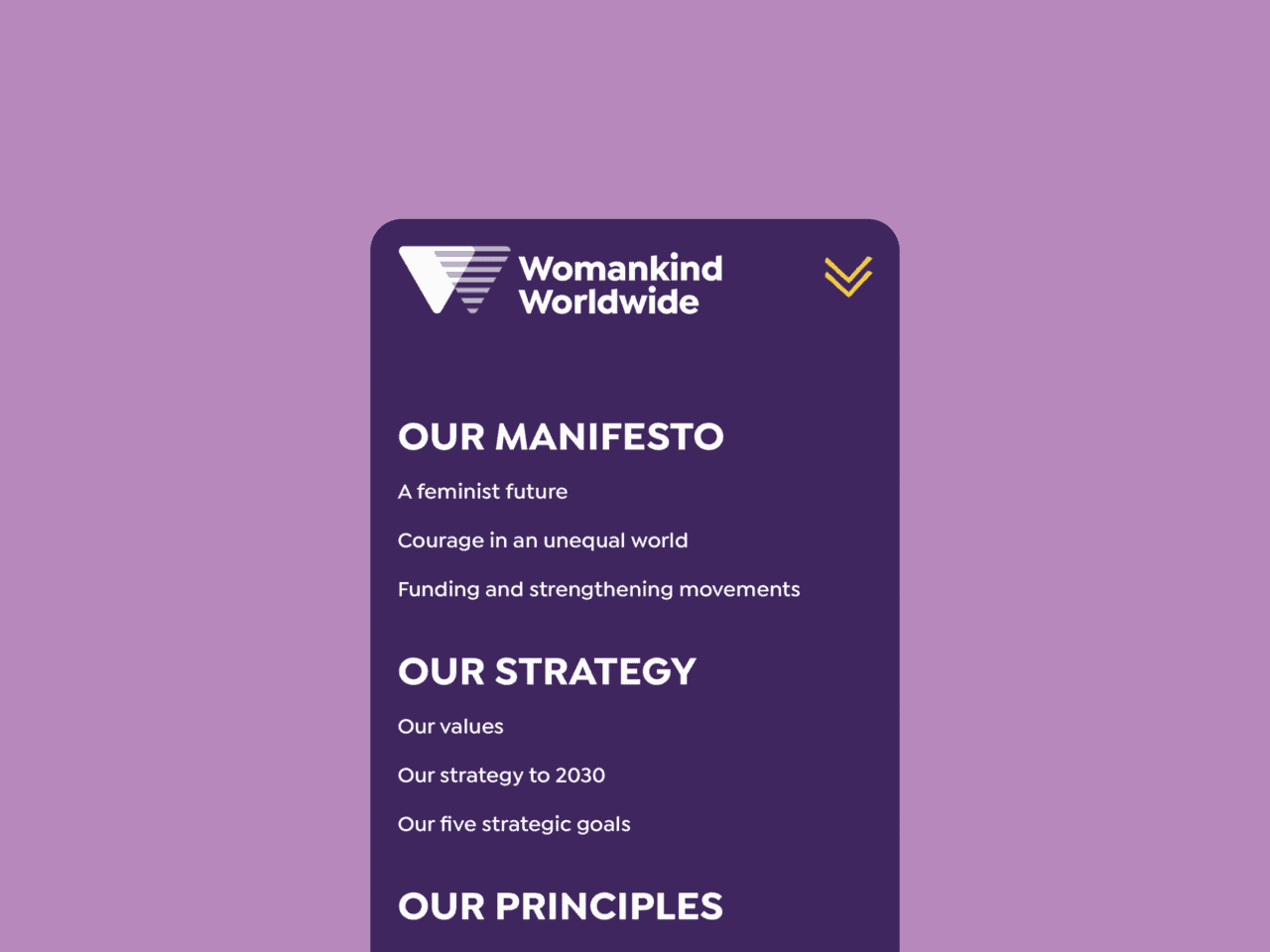 Menu on Womankind Worldwide website on mobile