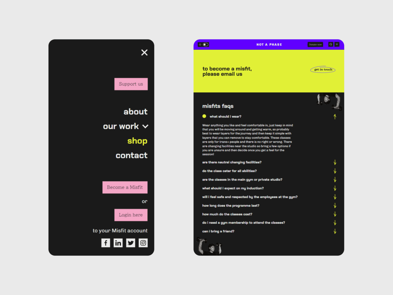 Menu page on mobile and misfit faqs page on tablet of Not A Phase website